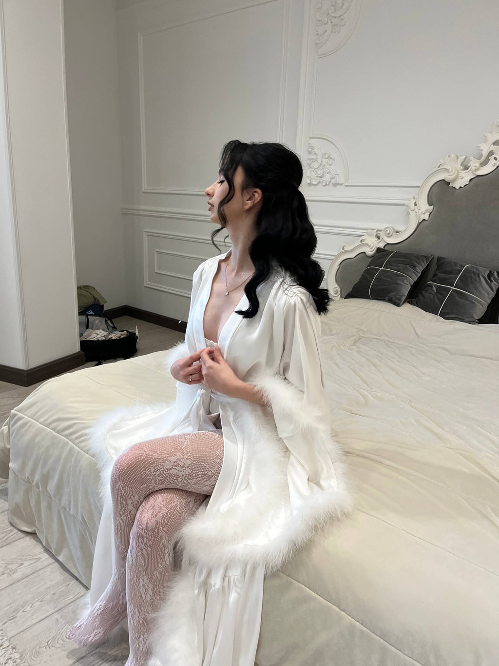 Long Silk Robe with Feathers