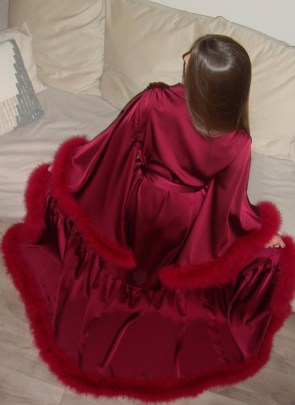 Long Silk Robe with Feathers