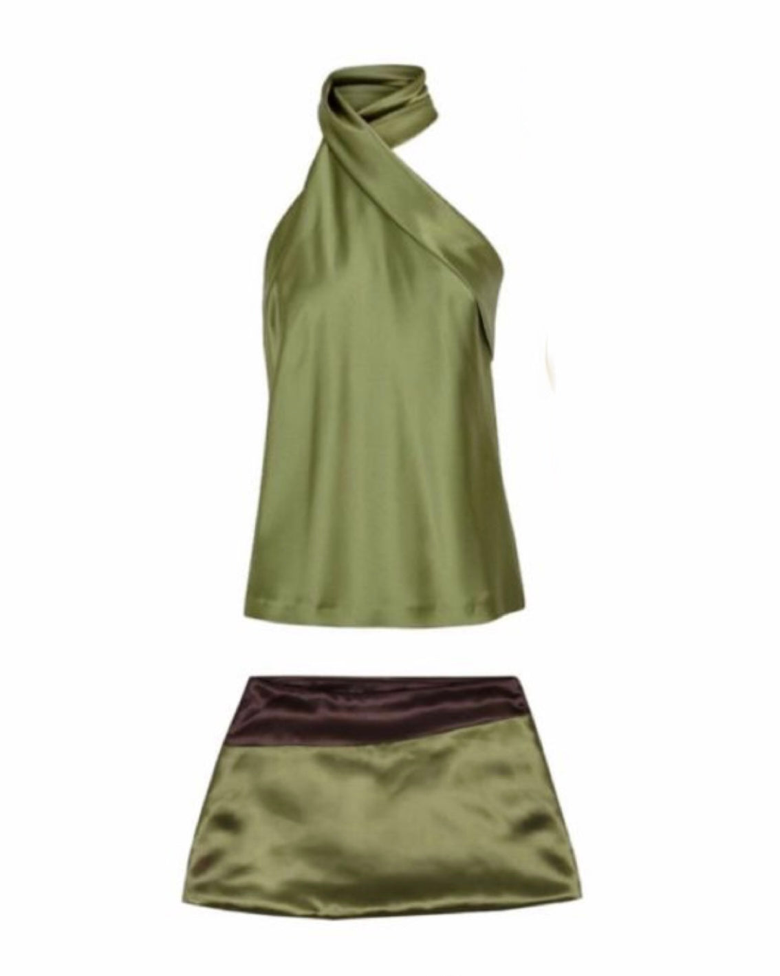 Toffee & Olives Silk Set — Handmade Blouse and Mini Skirt