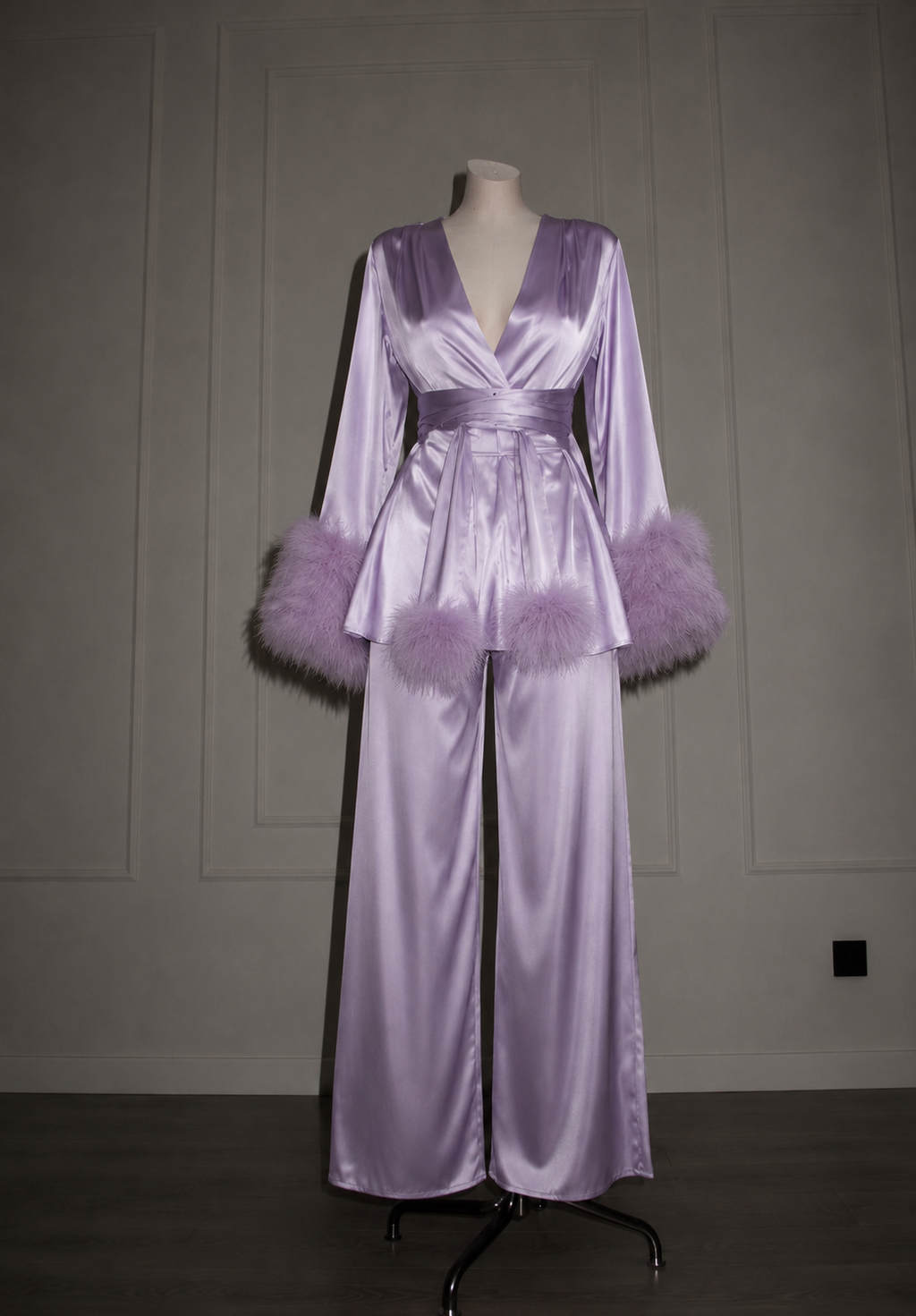 Feather Long Pajama Set — Handmade Silk Loungewear