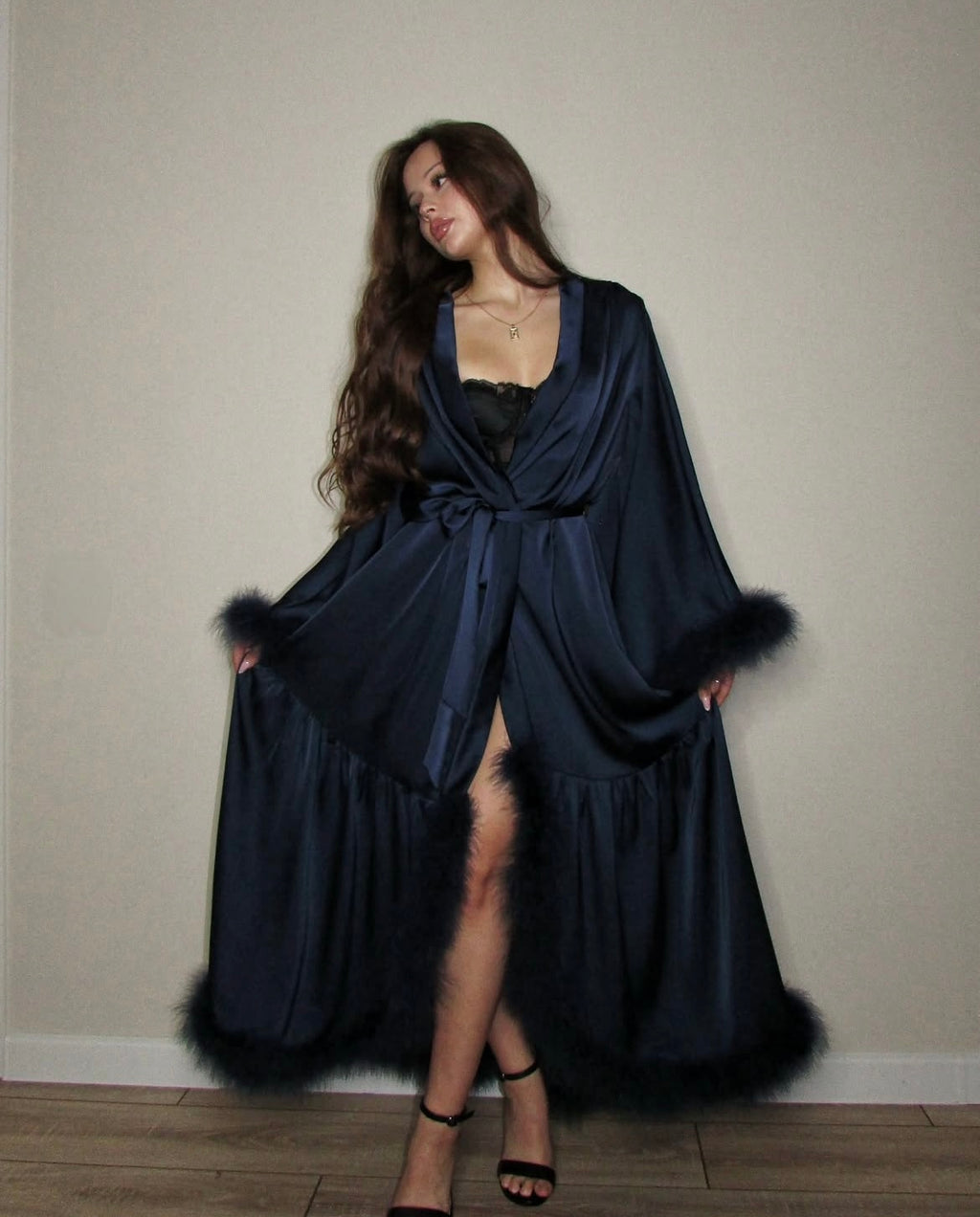 Long Silk Robe with Feathers