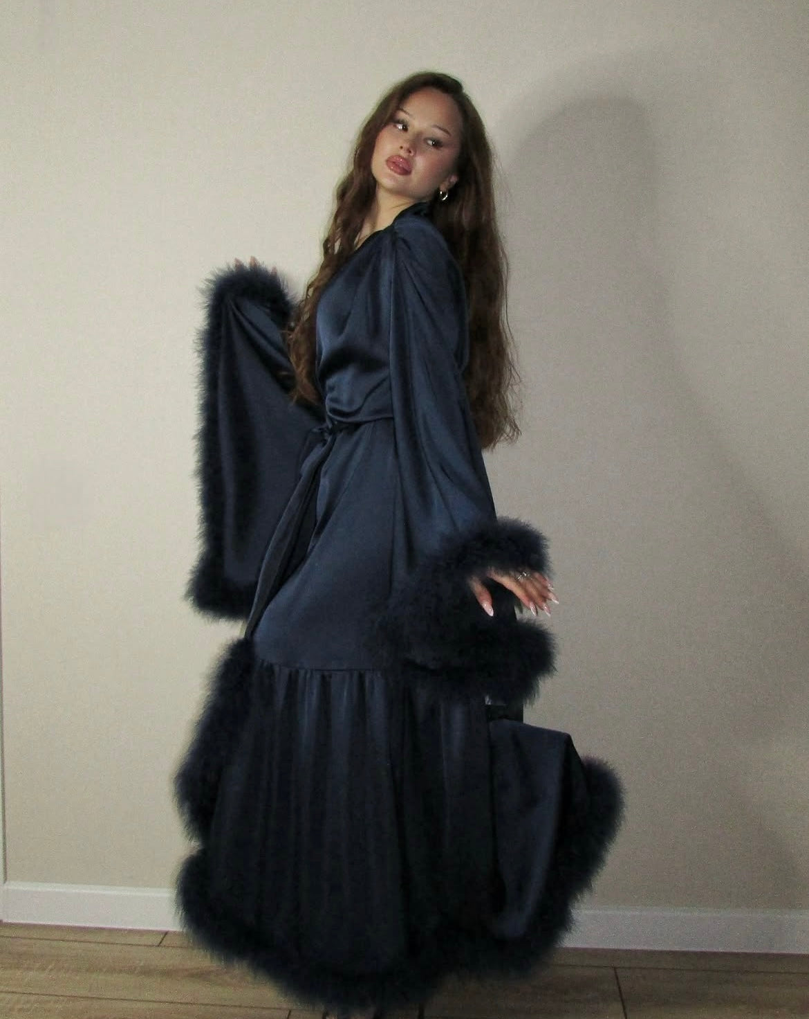 Long Silk Robe with Feathers